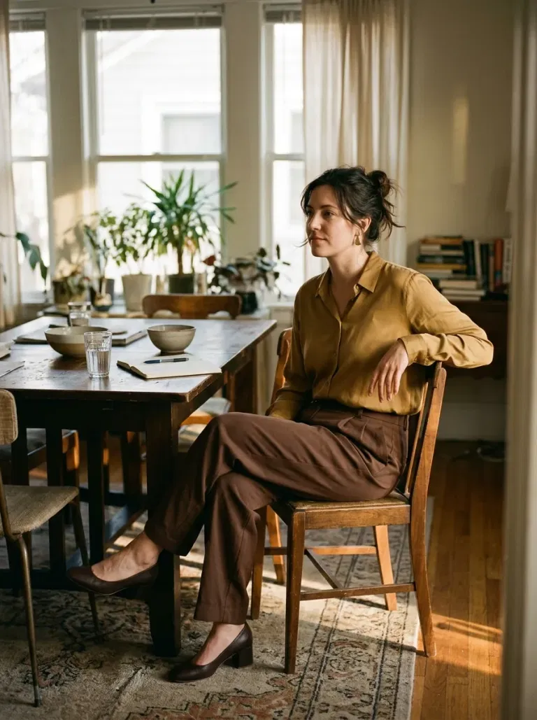 Mustard Gold Blouse and Chocolate Slacks
