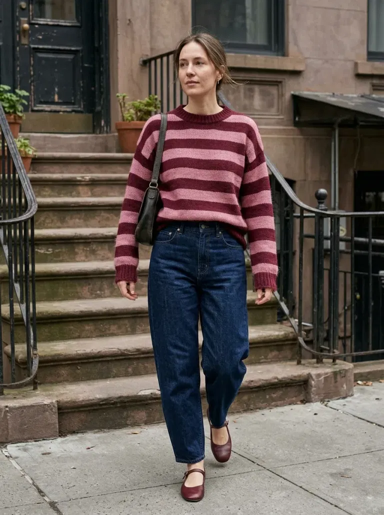 Burgundy-And-Pink Striped Crewneck Sweater with Dark Indigo Barrel Jeans
