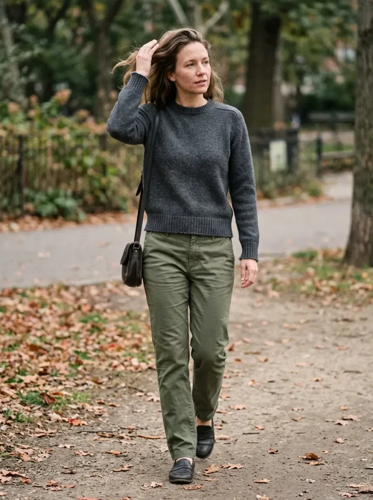 Charcoal Saddle-Shoulder Sweater with Olive Straight Chinos