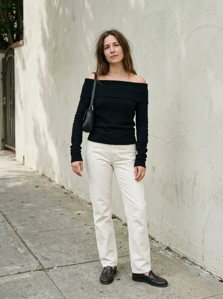 Black Off-The-Shoulder Fine-Knit Sweater with Ivory Straight Trousers
