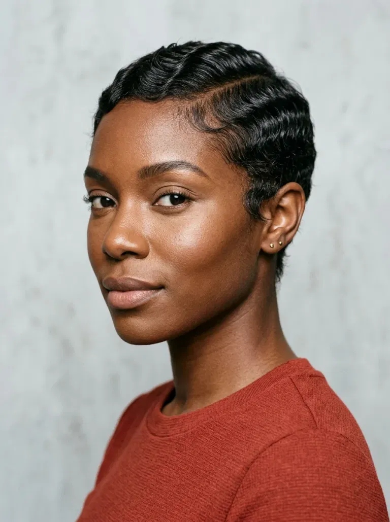 Black woman wearing a wet-look wavy pixie hairstyle
