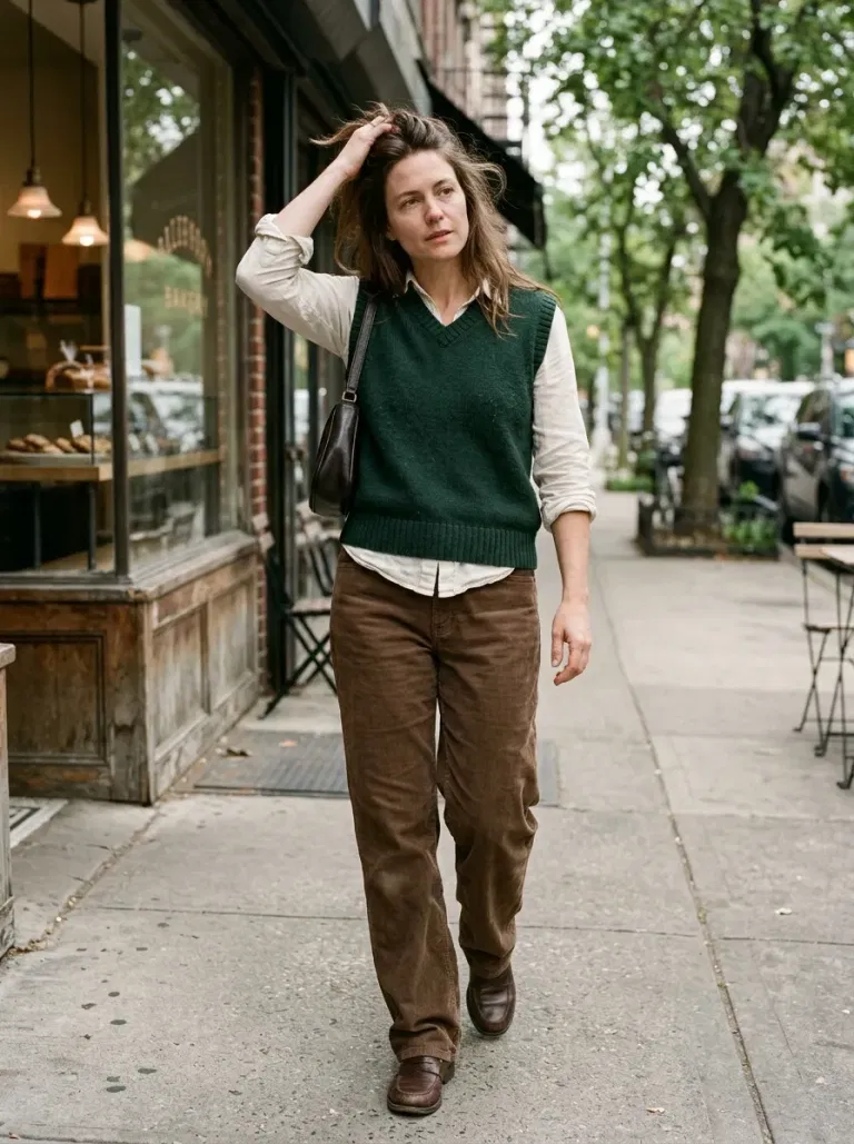 Forest-Green Sweater Vest with Brown Corduroy Trousers