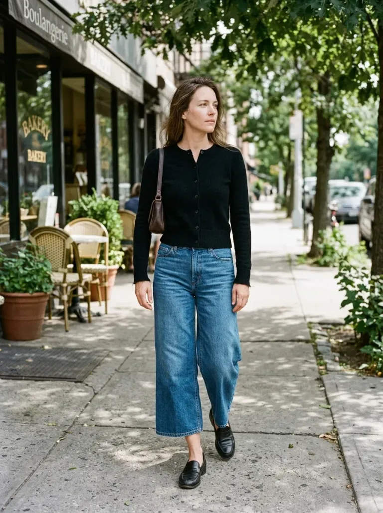 Black Fitted Cardigan with Medium-Wash Denim Culottes