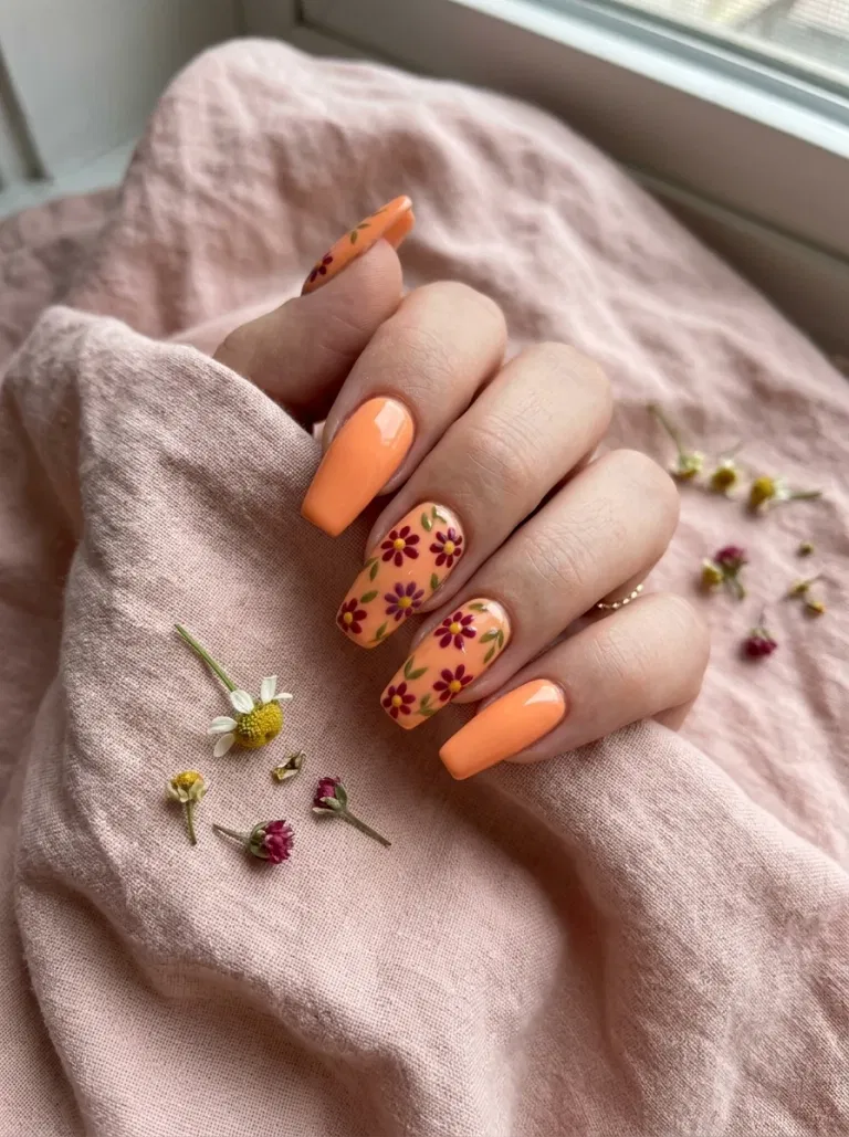 Peach and Berry Daisies nail design
