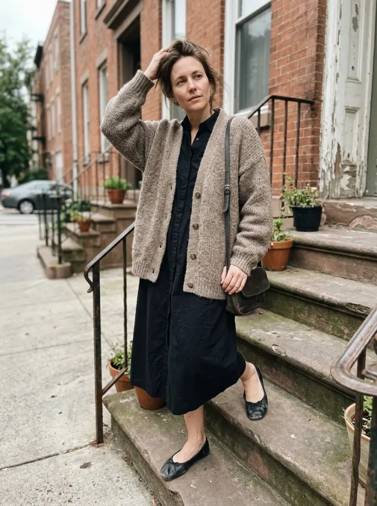 Taupe Textured Cardigan with Black Cotton Shirt Dress