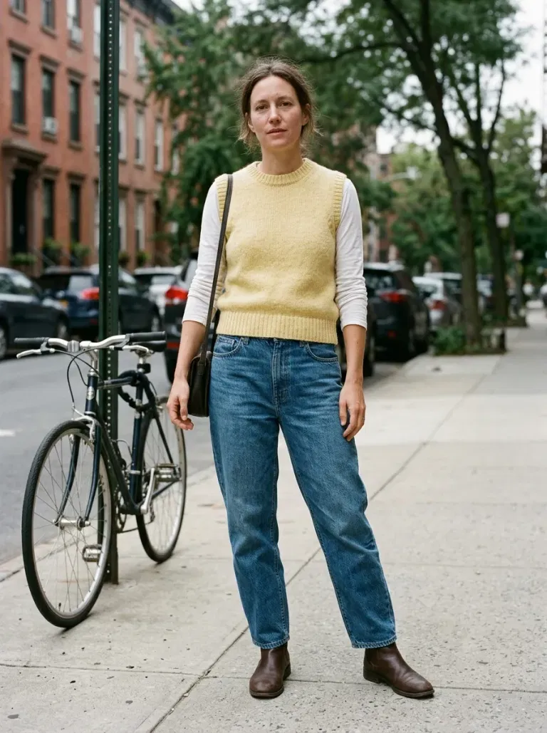 Butter-Yellow Crewneck Sweater Vest with Mid-Blue Barrel Jeans