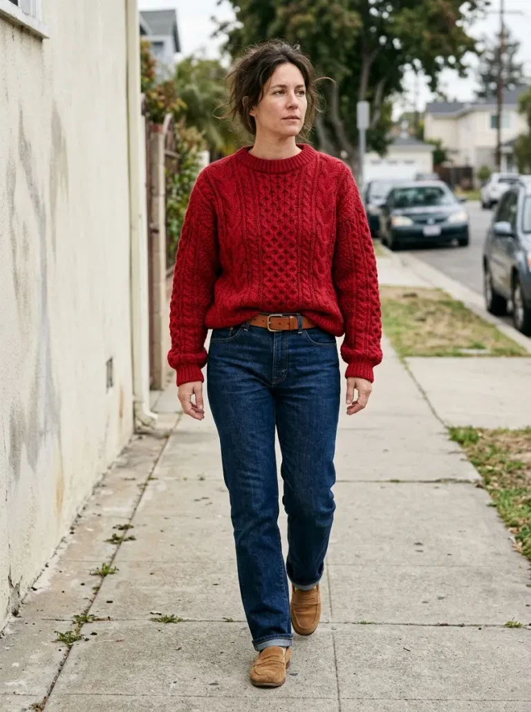 Cherry-Red Cable Sweater with Dark Indigo Straight Jeans