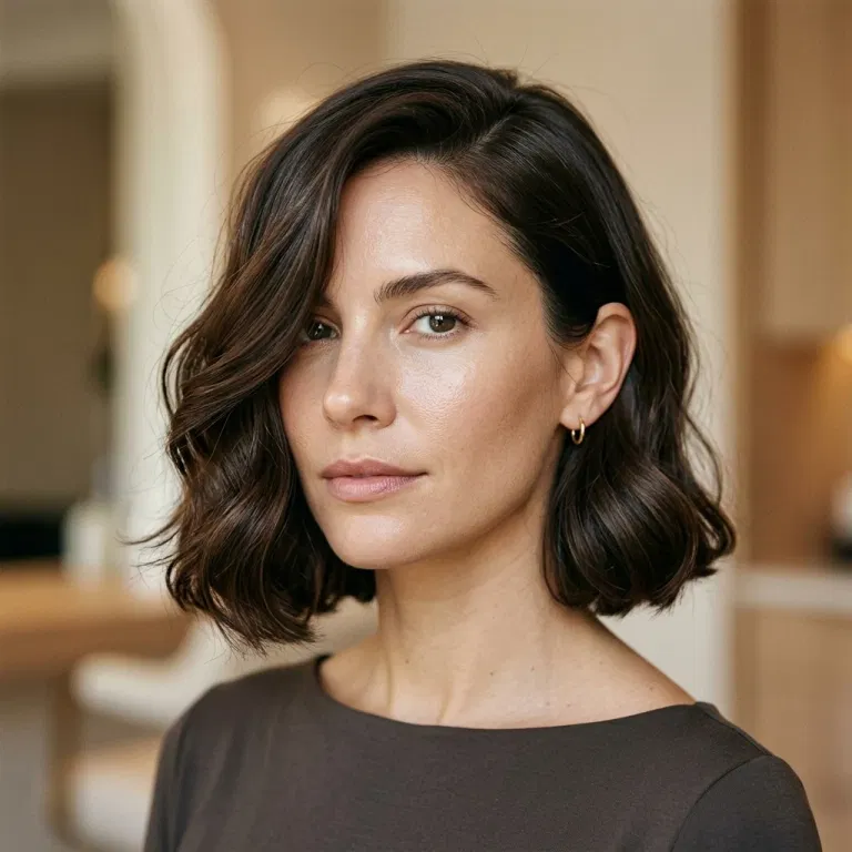 Woman wearing a wavy bob with a deep side part