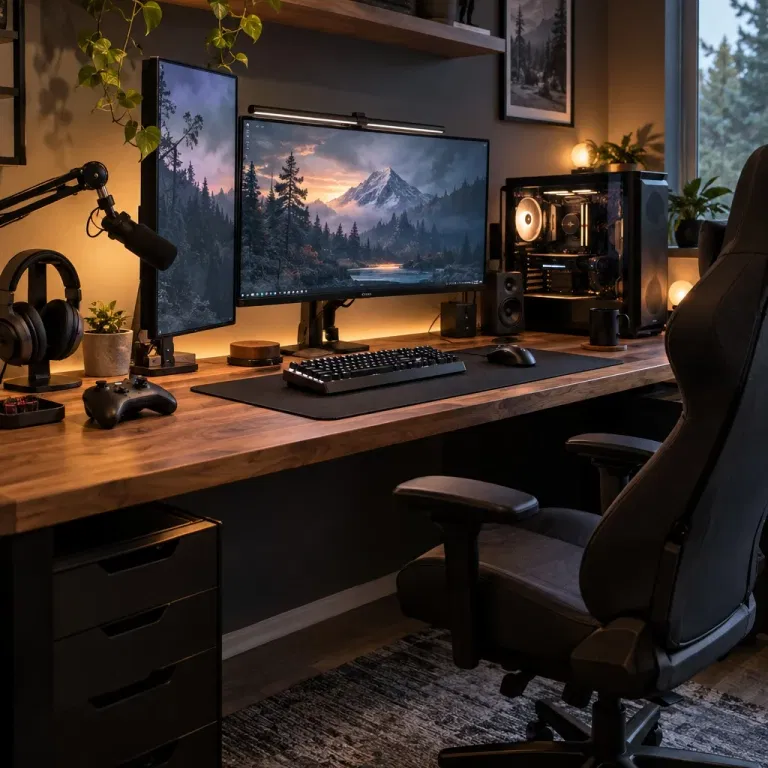 Wooden gaming desk with horizontal and vertical monitors, microphone, and headphones