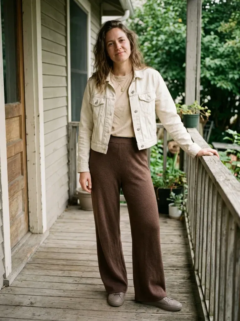 Cream Denim Jacket and Brown Knit Pants