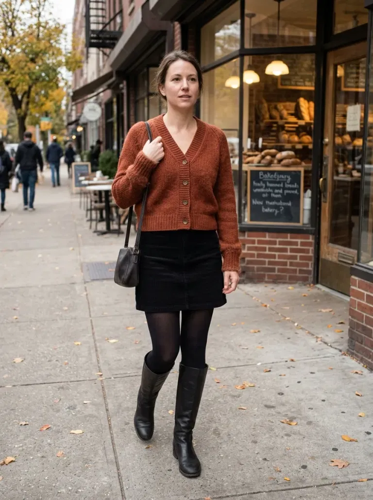 Rust V-Neck Knit Cardigan with Black Corduroy Mini Skirt