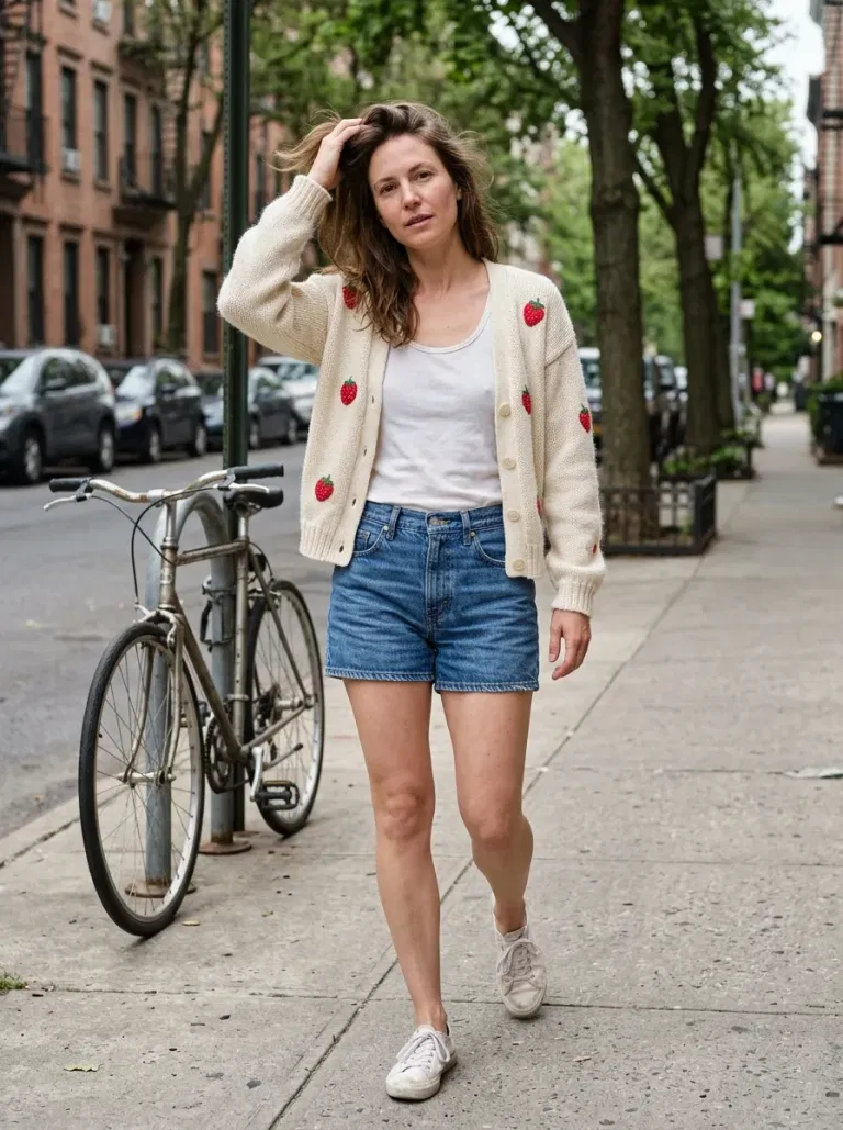Cream Strawberry-Embroidered Cardigan with Blue Denim Shorts
