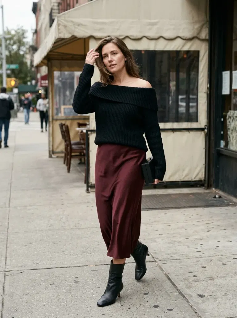 Black Off-The-Shoulder Ribbed Sweater with Dark Cherry Satin Midi Skirt