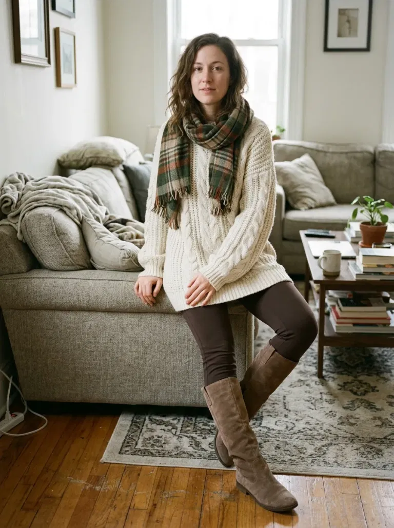 Camel Open-Knit Duster over Black Separates