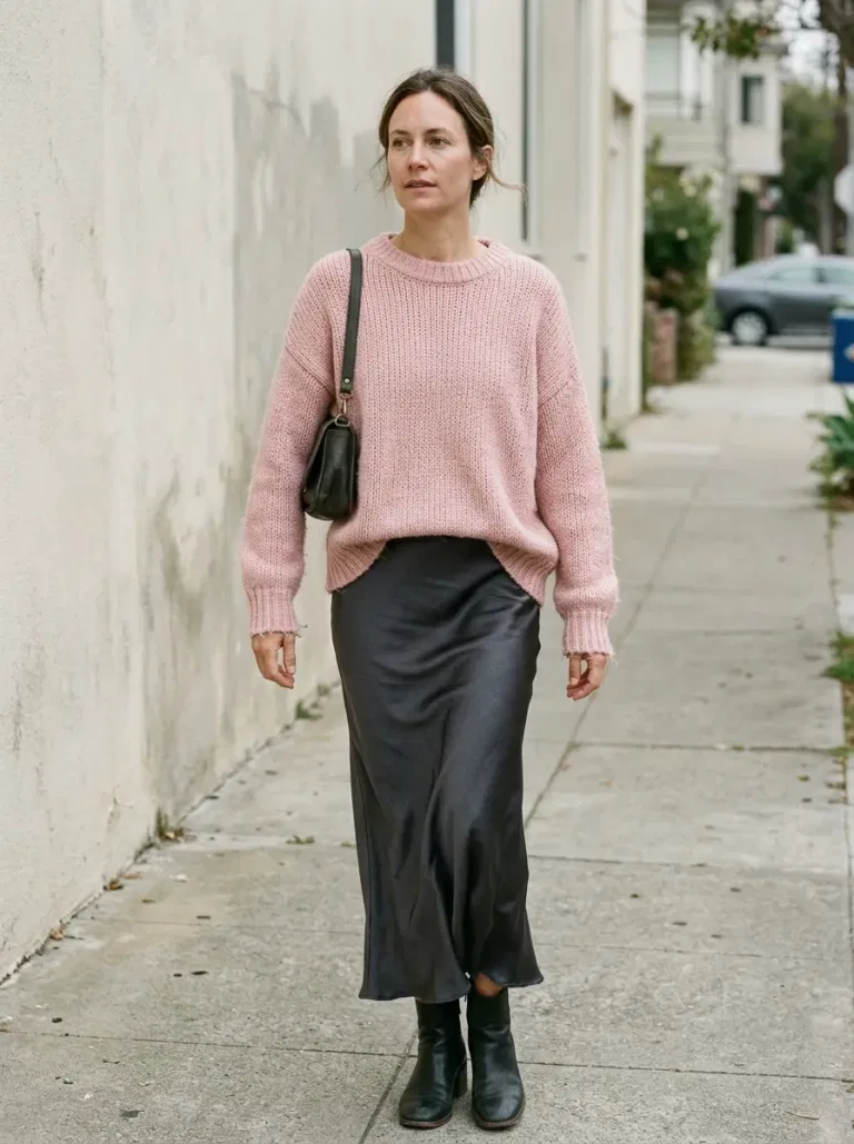 Soft-Pink Oversized Sweater with Charcoal Satin Column Skirt