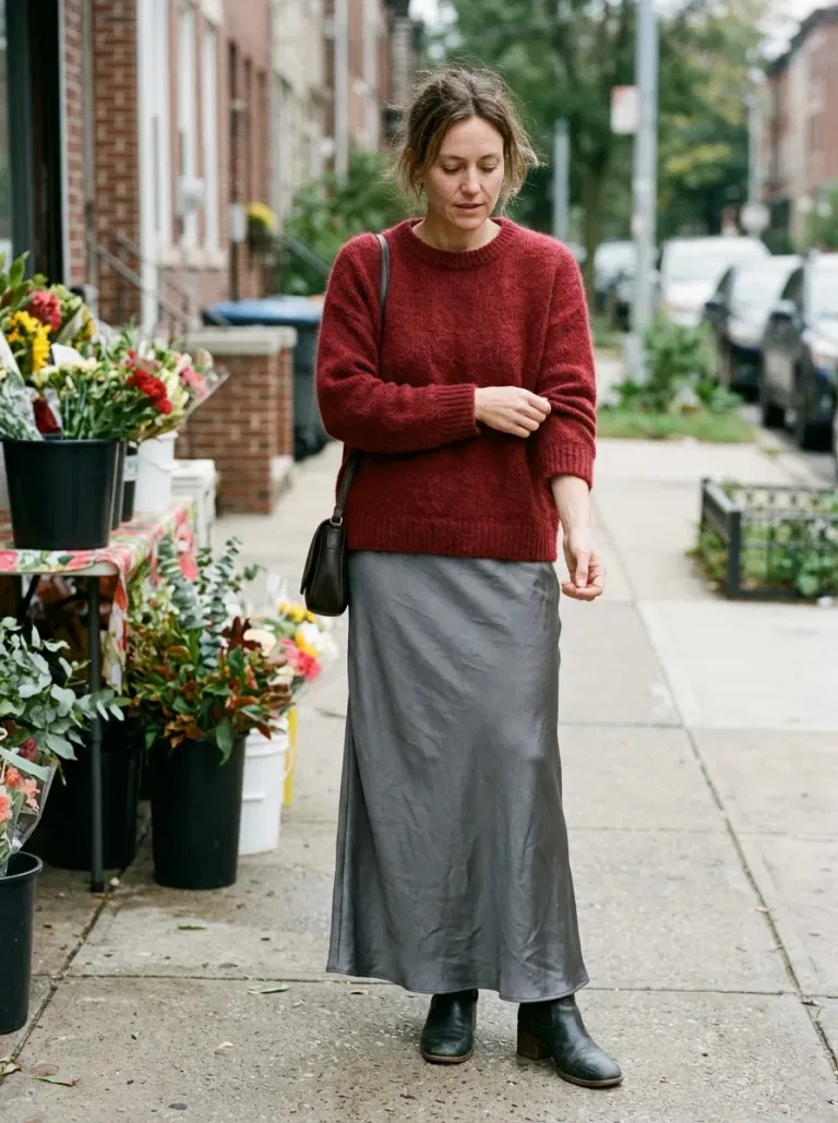 Deep-Red Fuzzy Sweater with Grey Satin Maxi Skirt