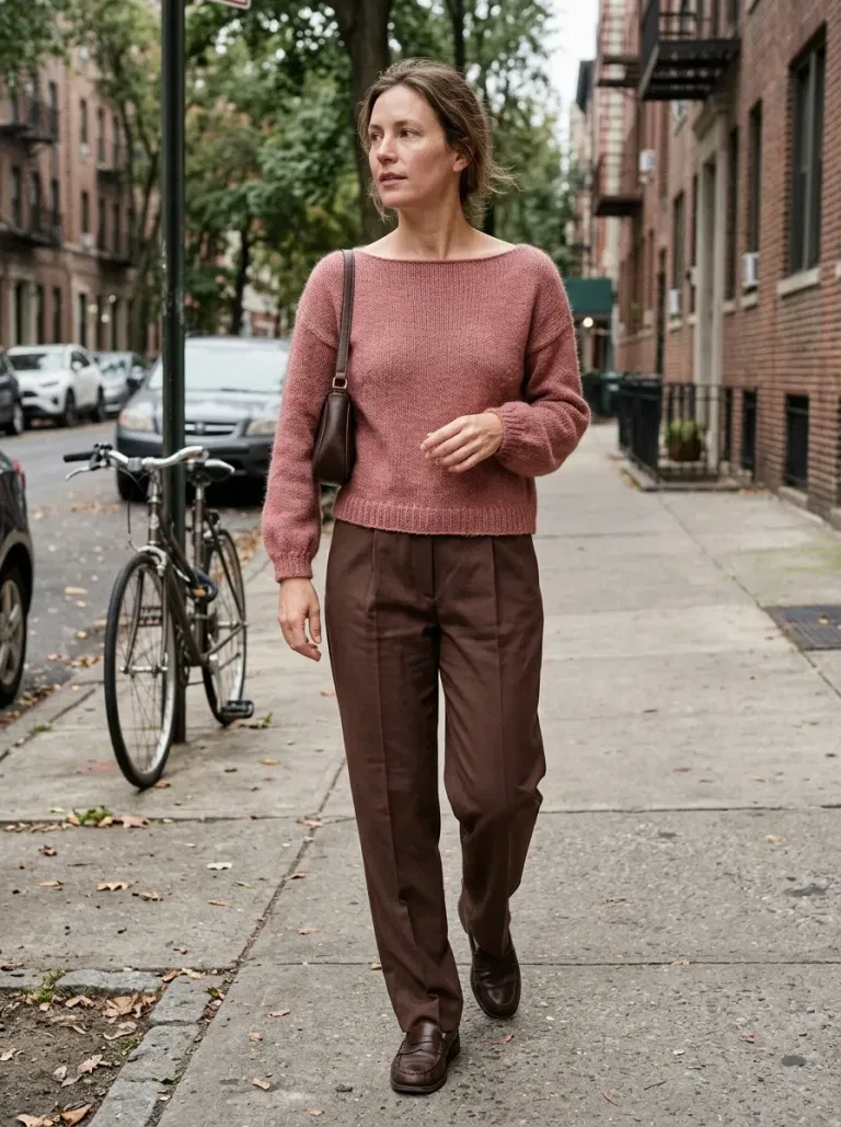 Rosewood-Pink Boat-Neck Sweater with Chocolate Tailored Trousers