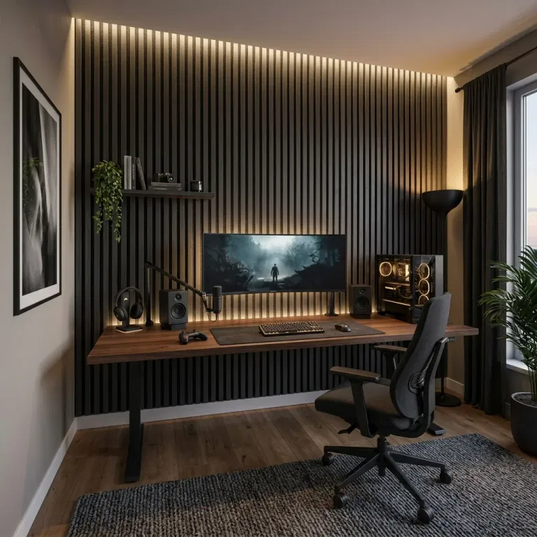 Single-screen gaming setup on a monitor arm against a dark slat wall