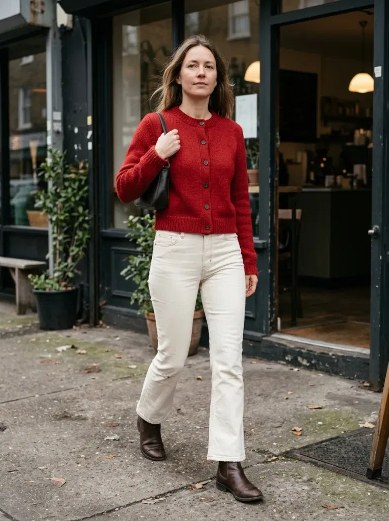 Red Crewneck Cardigan with Ecru Kick-Flare Jeans