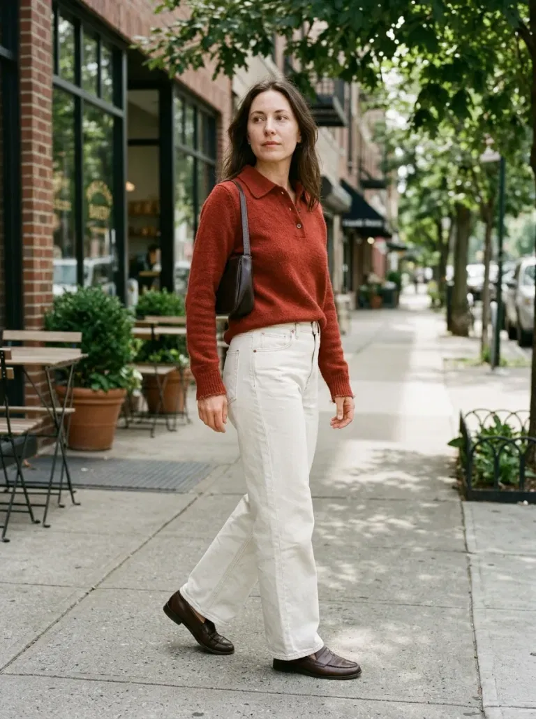 Rust-Red Polo Sweater with Ecru Wide-Leg Jeans