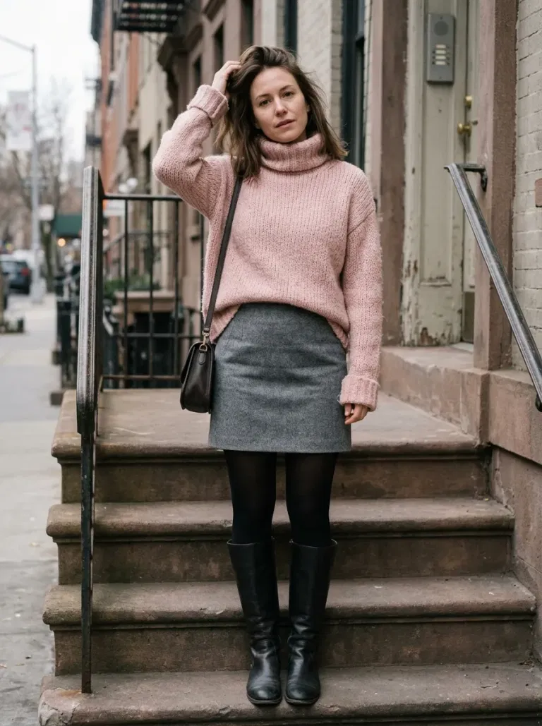 Powder-Pink Turtleneck Sweater with Grey Wool Mini Skirt