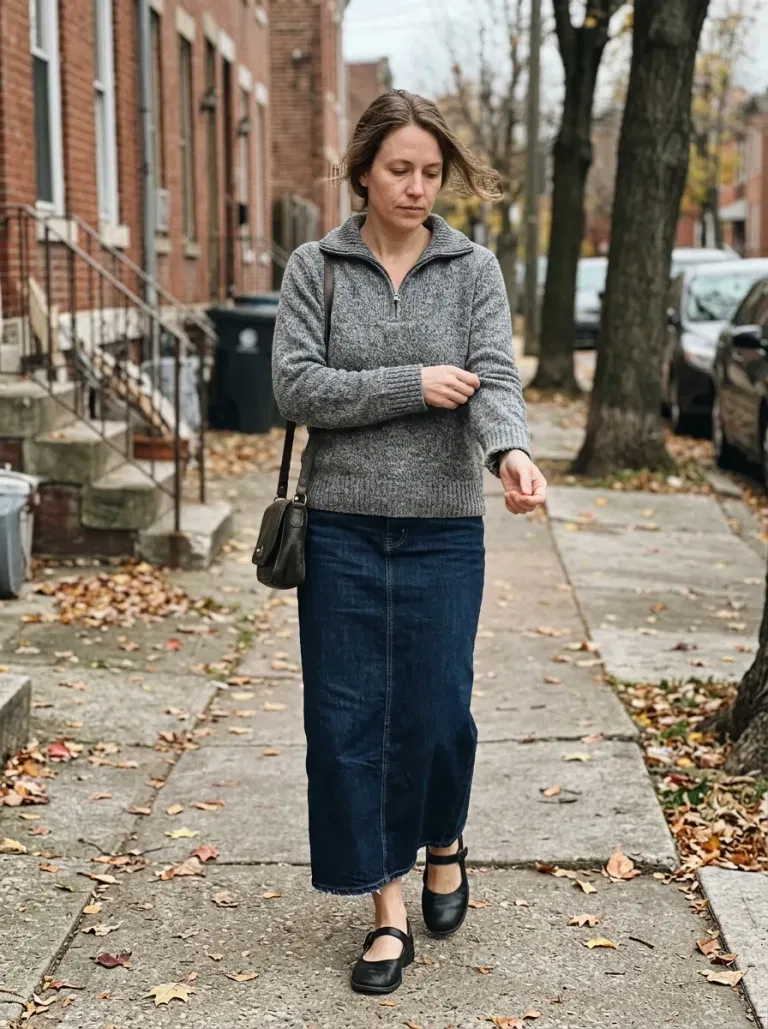 Grey Half-Zip Sweater with Dark Denim Column Skirt