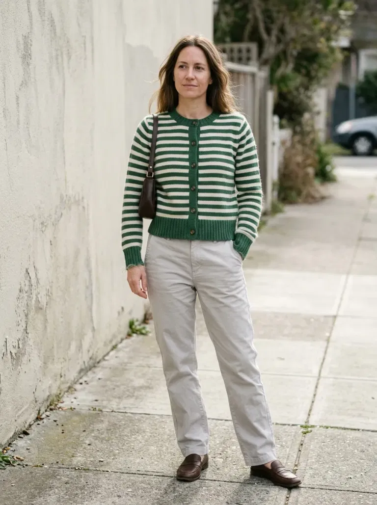 Green-And-Cream Striped Cotton Cardigan with Stone Chinos
