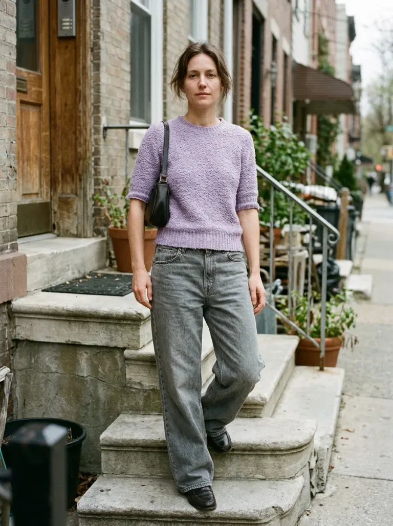 Lavender Short-Sleeve Textured Sweater with Grey Wide-Leg Jeans