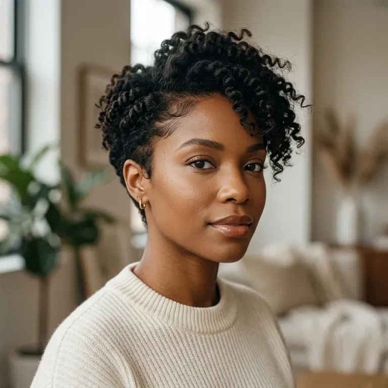 Black woman wearing a softly asymmetrical pixie haircut
