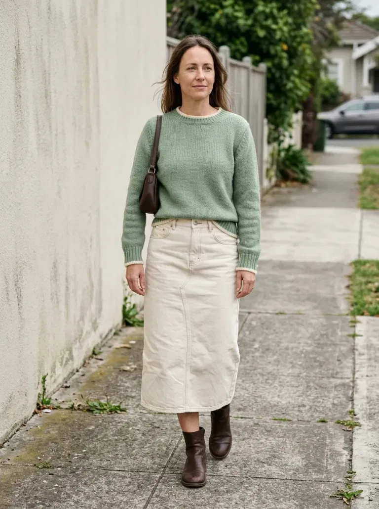 Sage Contrast-Trim Sweater with Cream Denim Midi Skirt