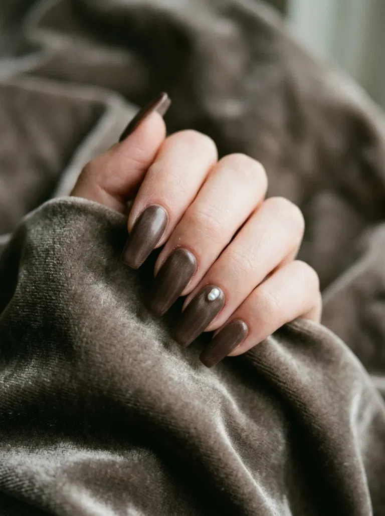 Velvet Taupe with Pearl Drops nail design