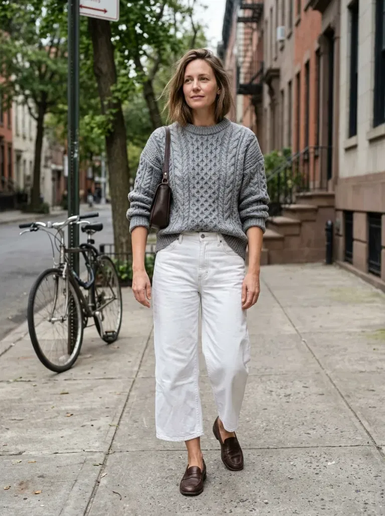 Grey Cotton Cable Sweater with White Denim Culottes