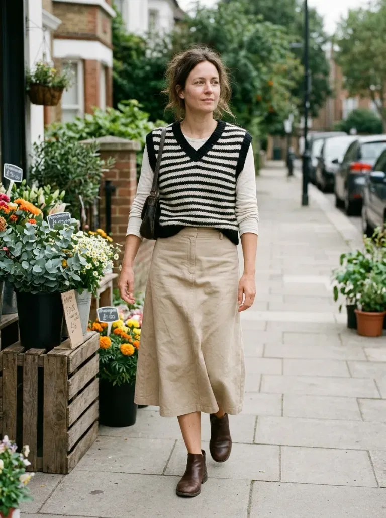 Black-And-Cream Striped Sweater Vest with Beige A-Line Midi Skirt