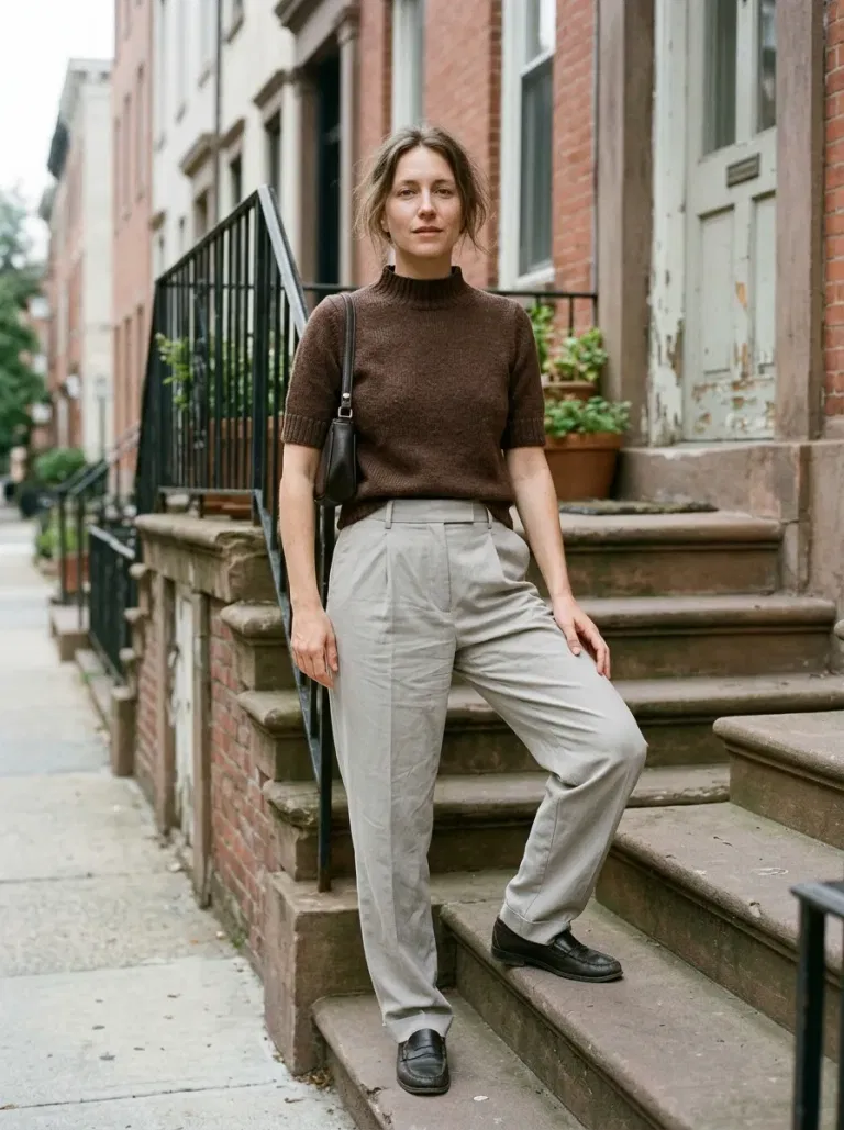 Chocolate Short-Sleeve Mock-Neck Sweater with Stone Pleated Trousers