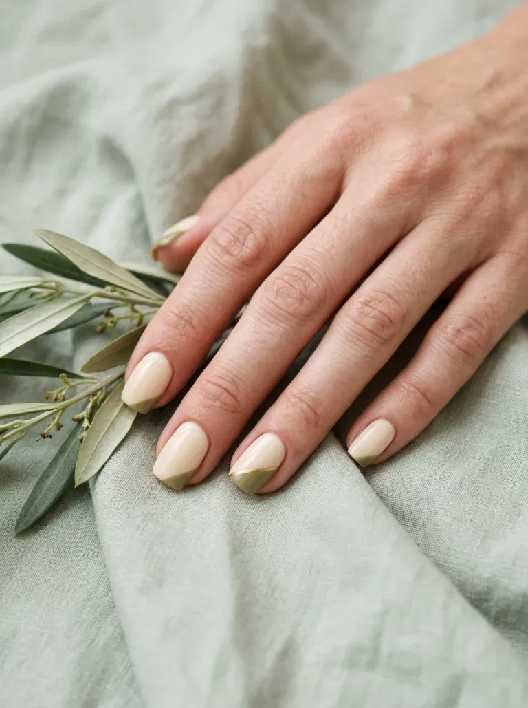 Olive and Cream Color Block nail design