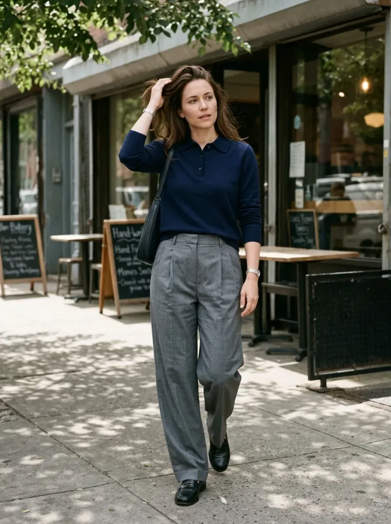 Navy Fine-Knit Polo Sweater with Grey Pleated Trousers