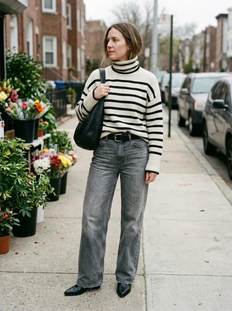 Black-And-Ivory Striped Turtleneck Sweater with Washed-Grey Wide-Leg Jeans