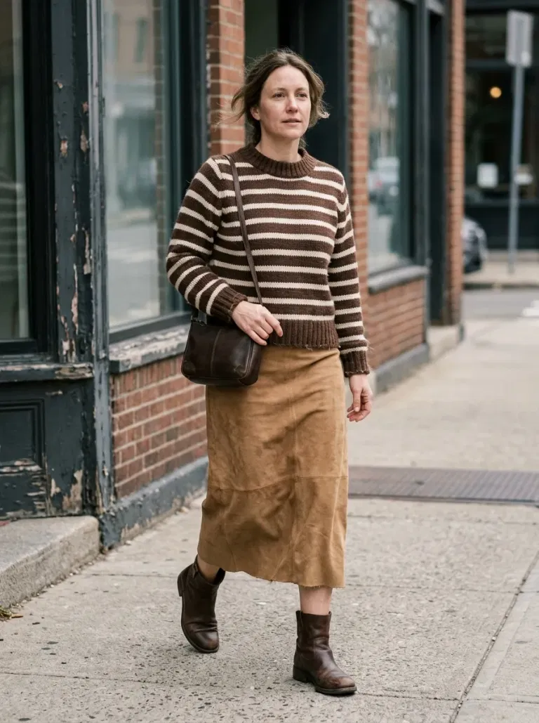 Chocolate-And-Cream Striped Sweater with Camel Suede-Look Midi Skirt