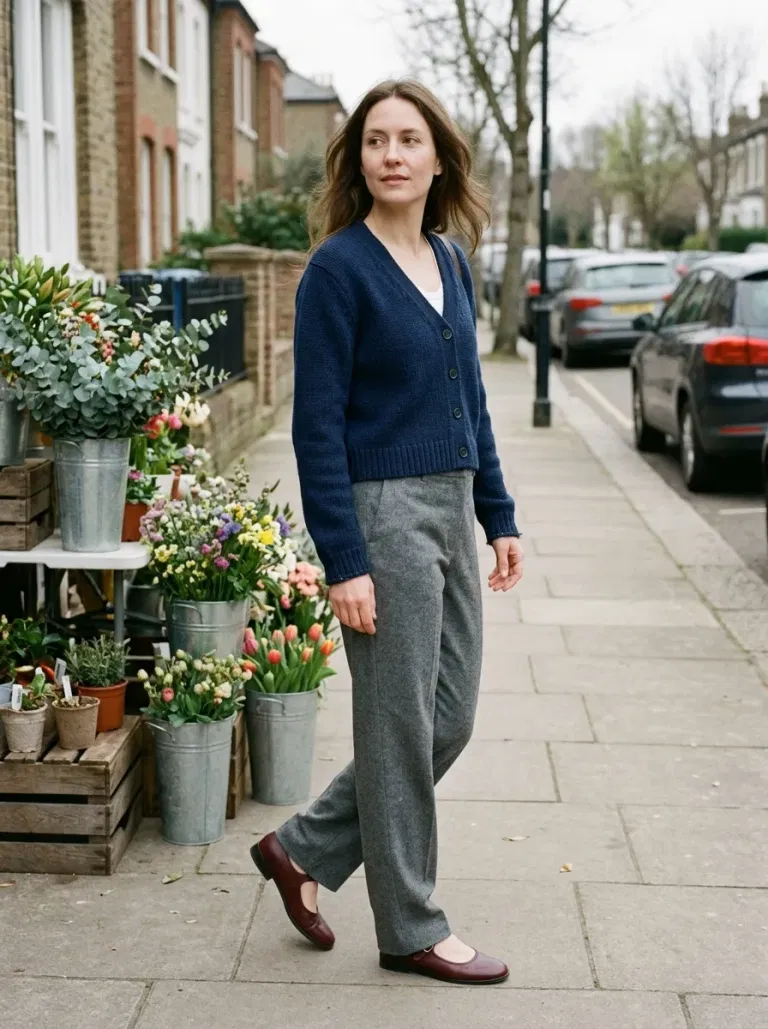 Navy Blue Cropped Cardigan with Grey Wool Trousers