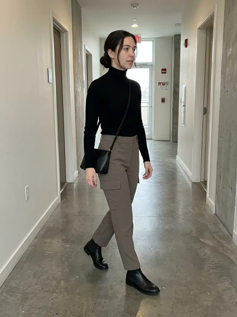 Black Turtleneck with Taupe Cargo Pants