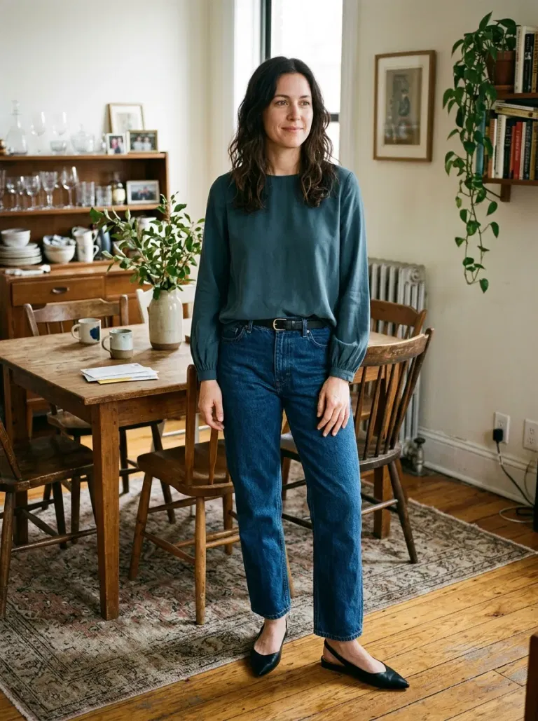 Deep Teal Blouse with Relaxed Jeans