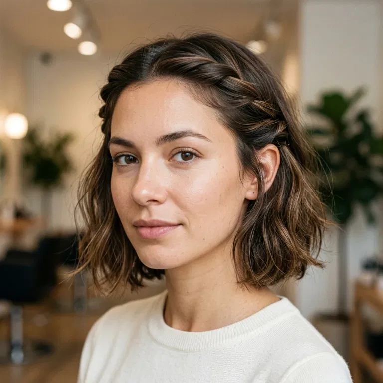 Short hair styled in a half-up mini twist