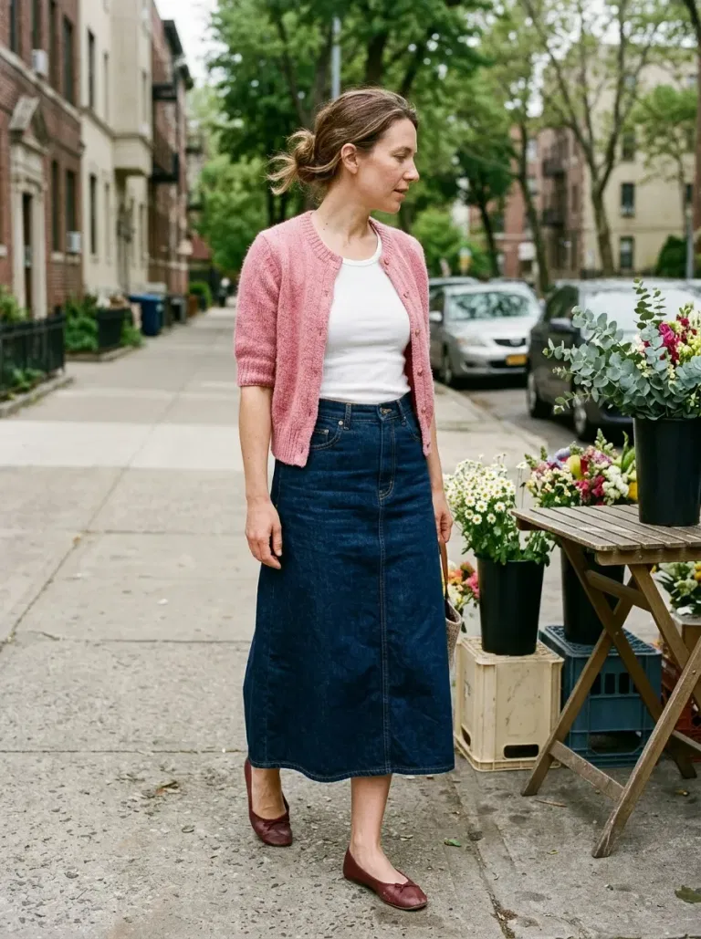Pink Short-Sleeve Cardigan with Dark Denim A-Line Skirt