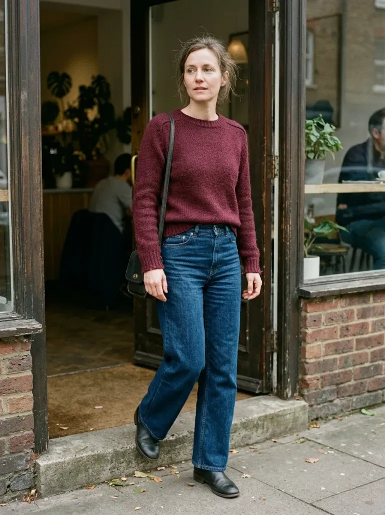 Burgundy Saddle-Shoulder Sweater with Dark Blue Trouser Jeans