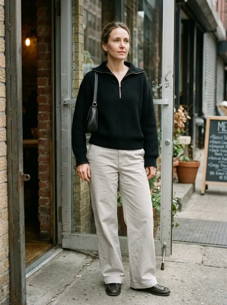 Black Half-Zip Sweater with Stone Wide-Leg Chinos