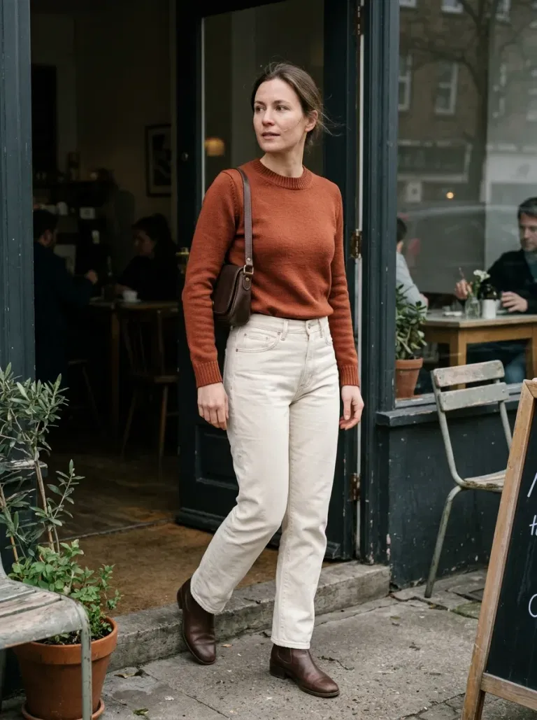 Rust Fine-Gauge Sweater with Cream High-Waisted Jeans