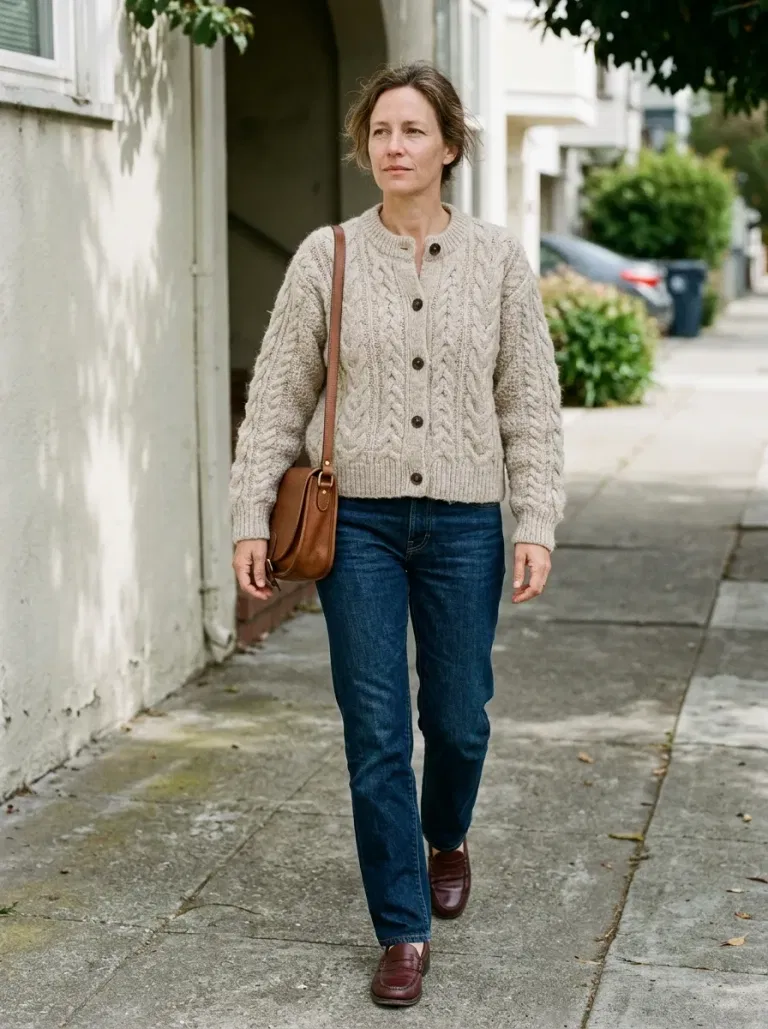 Oatmeal Cable-Knit Cardigan with Dark Indigo Straight-Leg Jeans