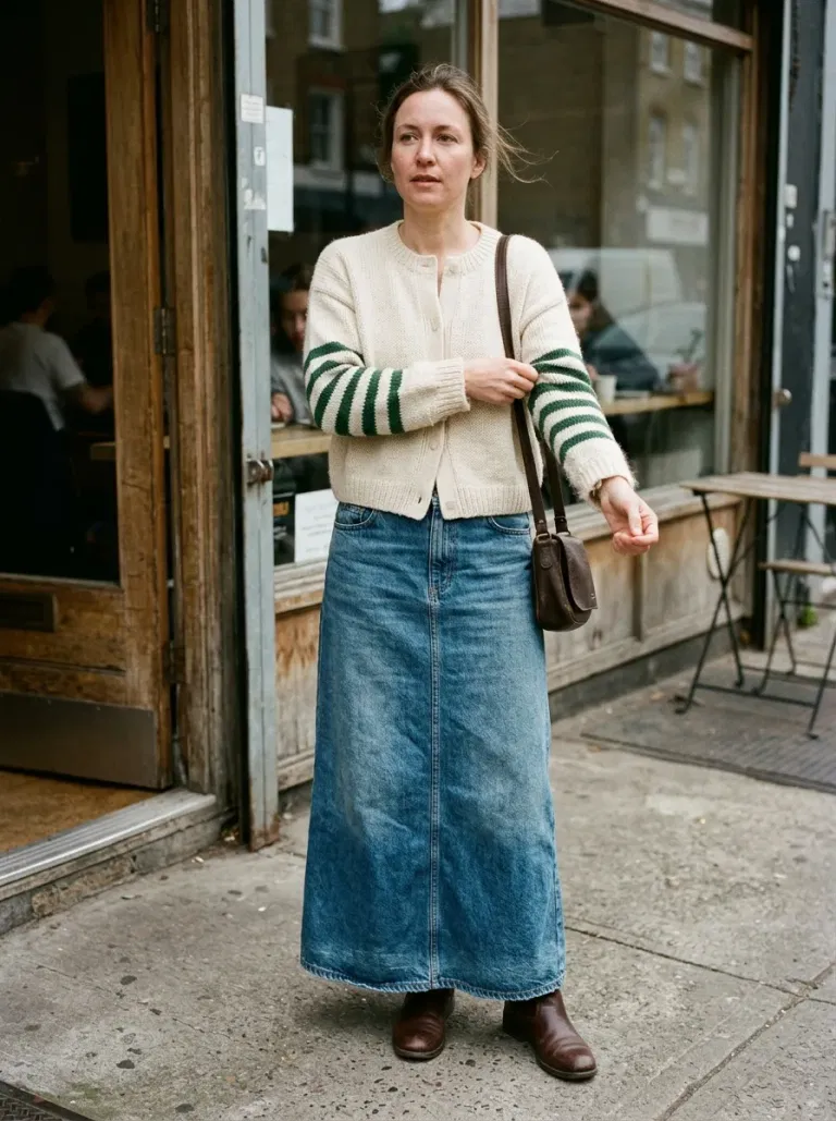 Cream Cardigan With Green Sleeve Stripes with Faded Denim Maxi Skirt