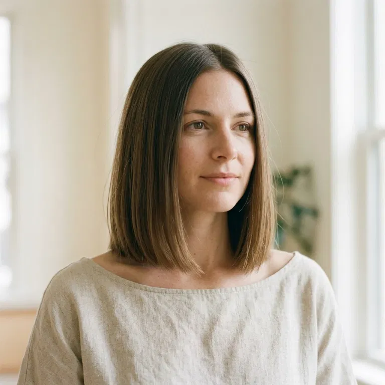 Woman wearing a sharp collarbone-length lob haircut