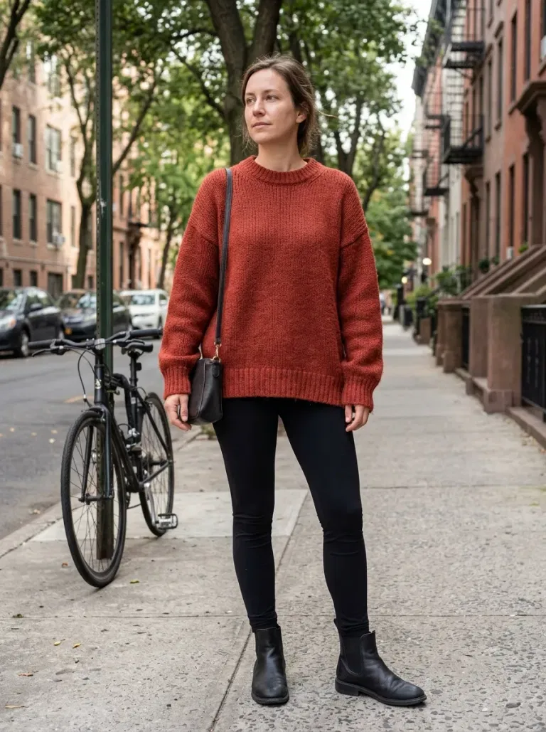 Brick-Red Oversized Sweater with Black Ponte Leggings